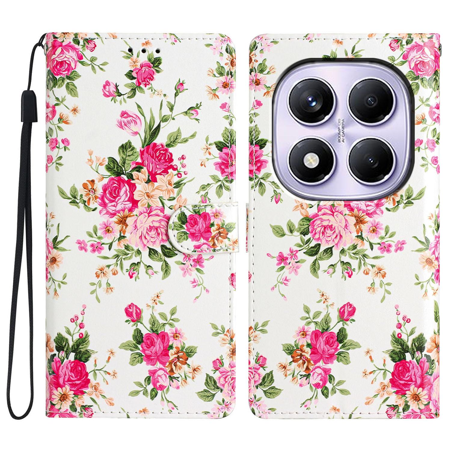 

For Xiaomi Redmi Note 14 Pro 4G Wallet Case PU Leather Pattern Printing Stand Phone Cover with Strap Red Flowers