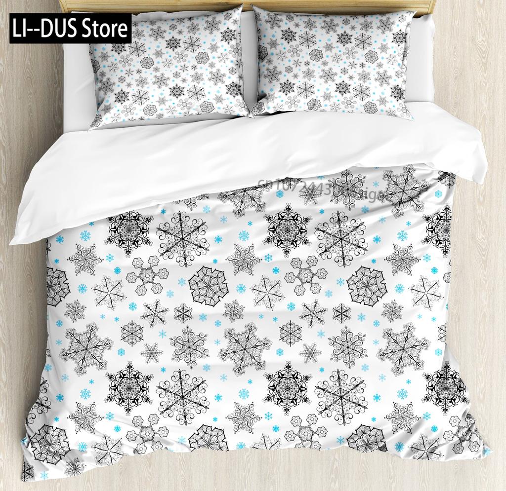 Comforter Snowflake Snow Pattern Winter Decorative 3 Piece Bedding Set With 2 Pillow Shams King Twin Size Bed Collection