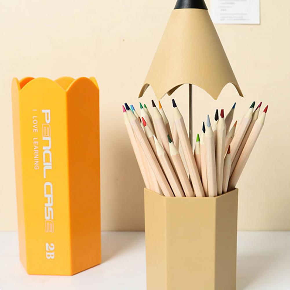 Pencil Shaped Storage Box Student Creative Pen Holder Desktop with Cover Dust-proof Stationery Pen Holder Makeup Brush Holder