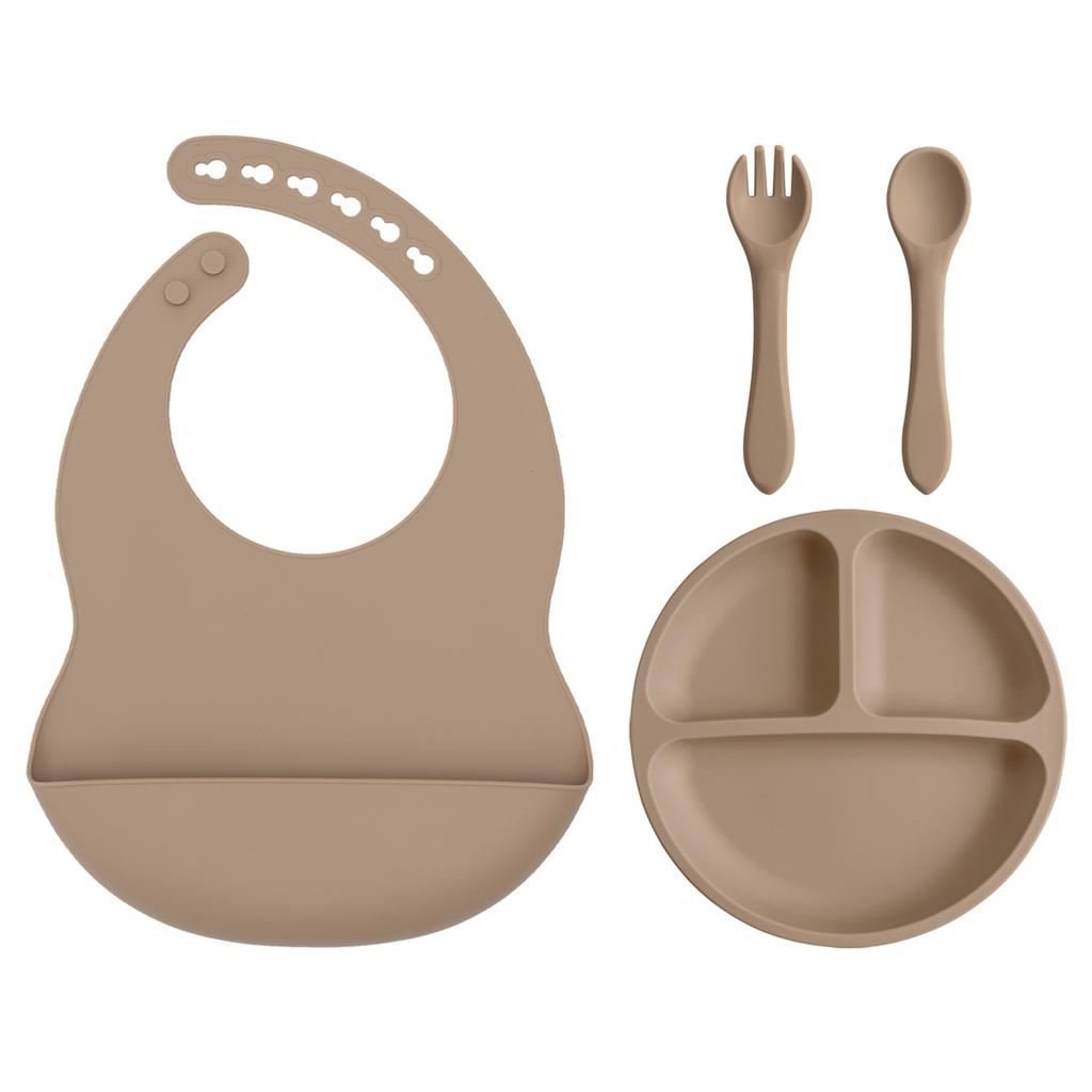 Color Kids 4PCS Baby Silicone Feeding Set Suction Plate BPA Free Waterproof Bib Portable Spoon Fork Toddler Training Tableware