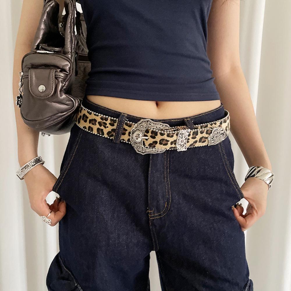 Punk Style Leopard Print Belt Designer Women's Waist Belt Daily Rivet Waist Belt  Streetwear