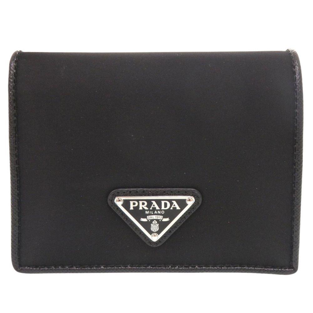Used Like New Prada Triangle Logo Nylon Saffiano Leather Black Bi-fold Wallet Black 1741 PRADA