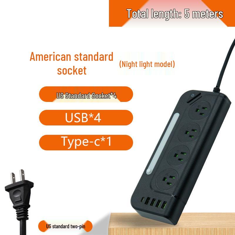 Universal Power Strip with USB Ports - US, UK, EU Standards, Long Cord, Overload Protection Socket