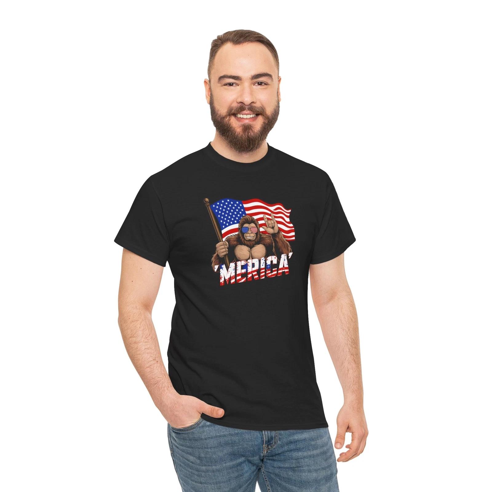 Bigfoot Mountain American Flag 4th July Shirt | Cryptozoology T-Shirt | Cryptid 2XL