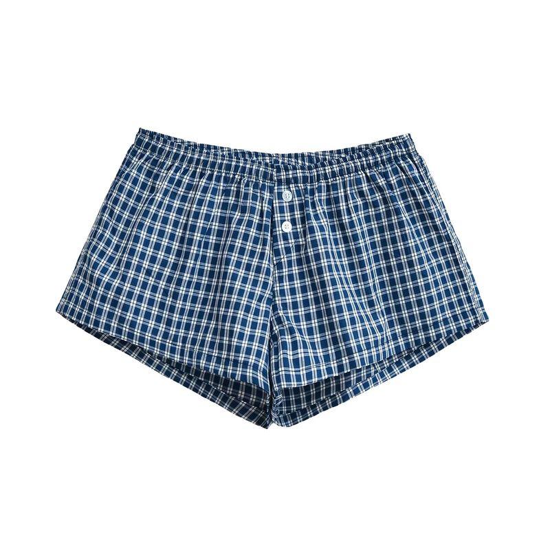 

Любовь BM Sense Американский стиль Красная клетка Широкие шорты Женские Летние Приморские Эластичная талия Пуговица Повседневные Домашние Горячие шорты Blue L