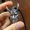 3D Carved Red-Faced Hannya Mask Pendant Necklace with Black Cotton Cord