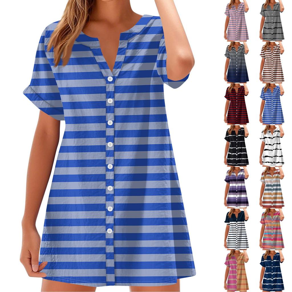 Women Fashion Casual V-neck Short Sleeve Button Stripe Print Dress