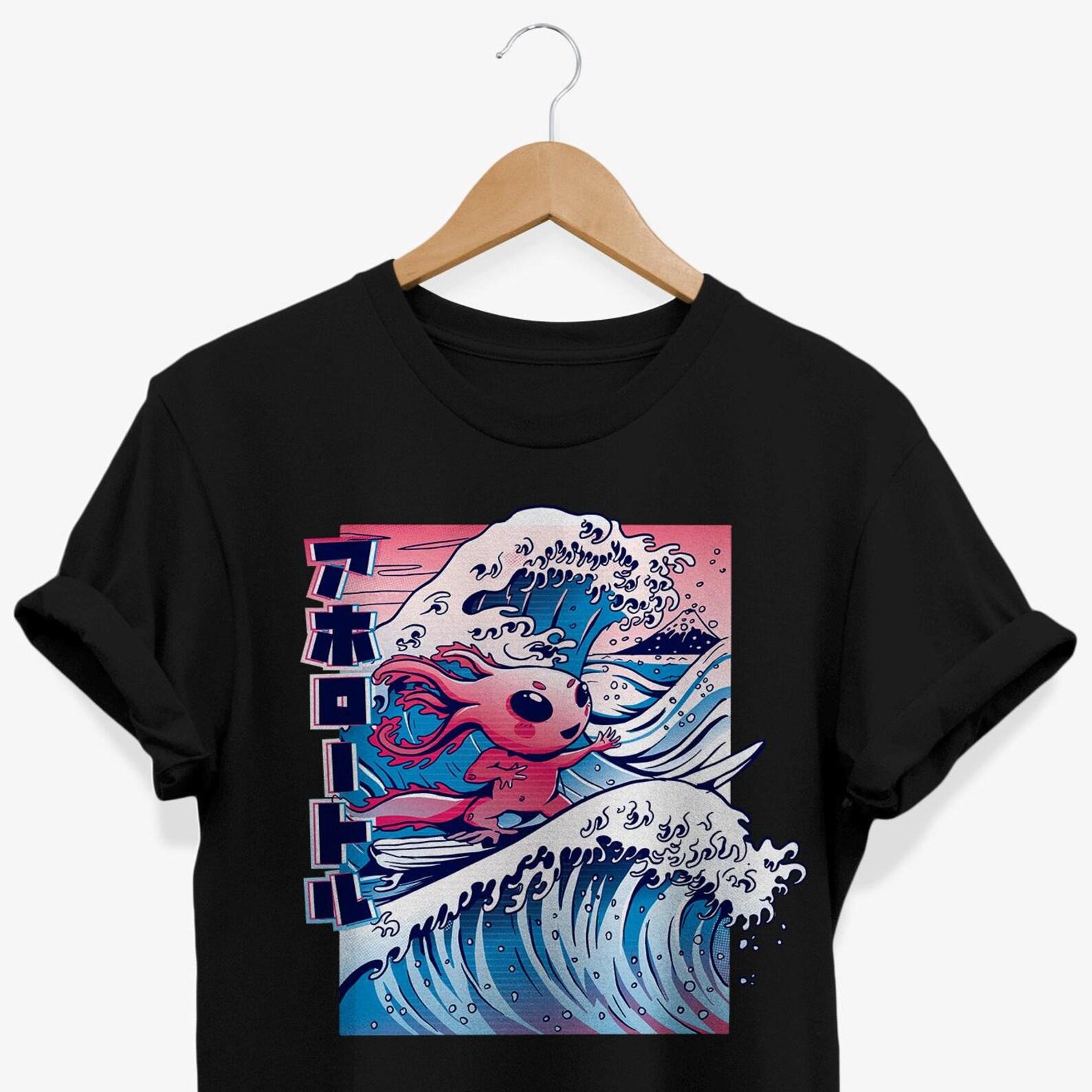 Kawaii Axolotl Surfing T-Shirt: Japanese Vaporwave Graphic Tee M