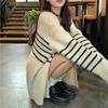 Women's V-Neck Striped Knit Cardigan Jacket - Japanese & Korean Design, Autumn/Winter Casual Loose Fit, New Arrival.