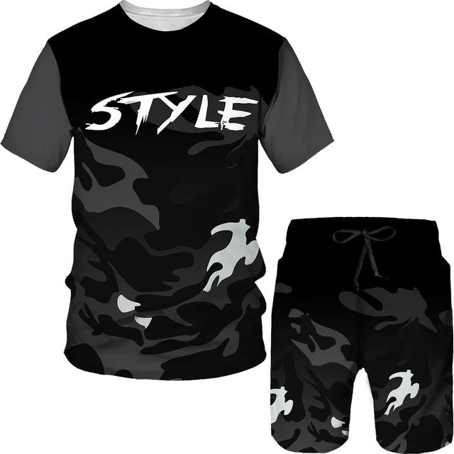 Summer Camouflag Print Set Suit Hip Hop Harajuku Sports 2 Piece Oversized Sportswear Tshirt Beach Shorts Outfits Clothes For Men