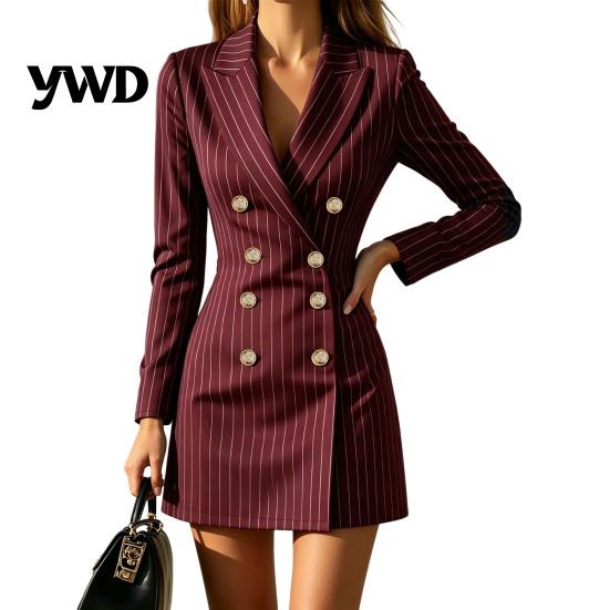 Elegant Commuter Clothing Women Striped Blazer Dress for Fall, Double-breasted Lapel Collar Mini Dress, Slim Fit Cinched Waist Above Knee Short