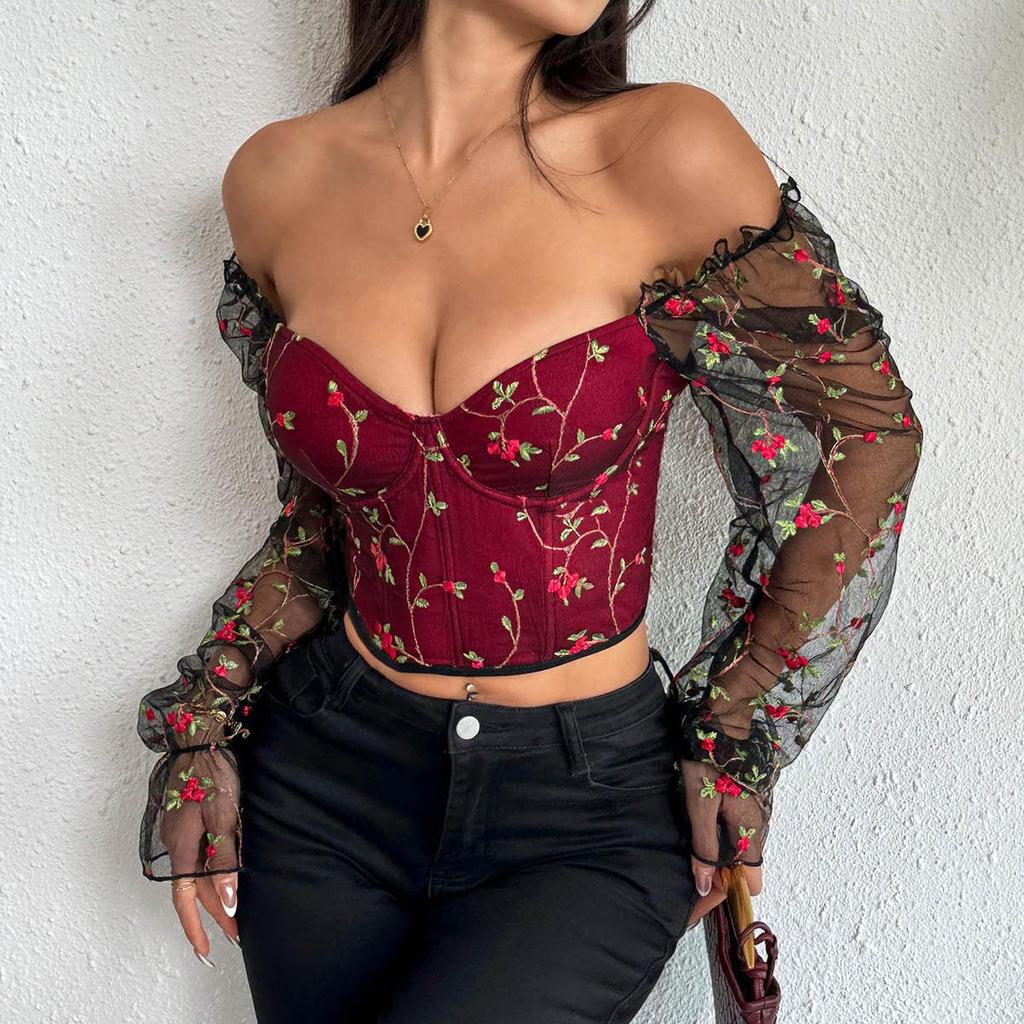 Damen Off-Shoulder Korsett Tops Trendige Floral Bestickte Mesh Langarm Crop Tops