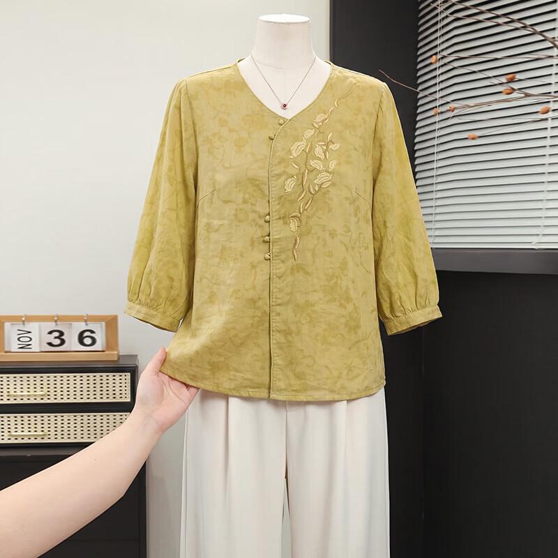 Xuexi Women s Embroidered 100% Ramie Summer T-Shirt M