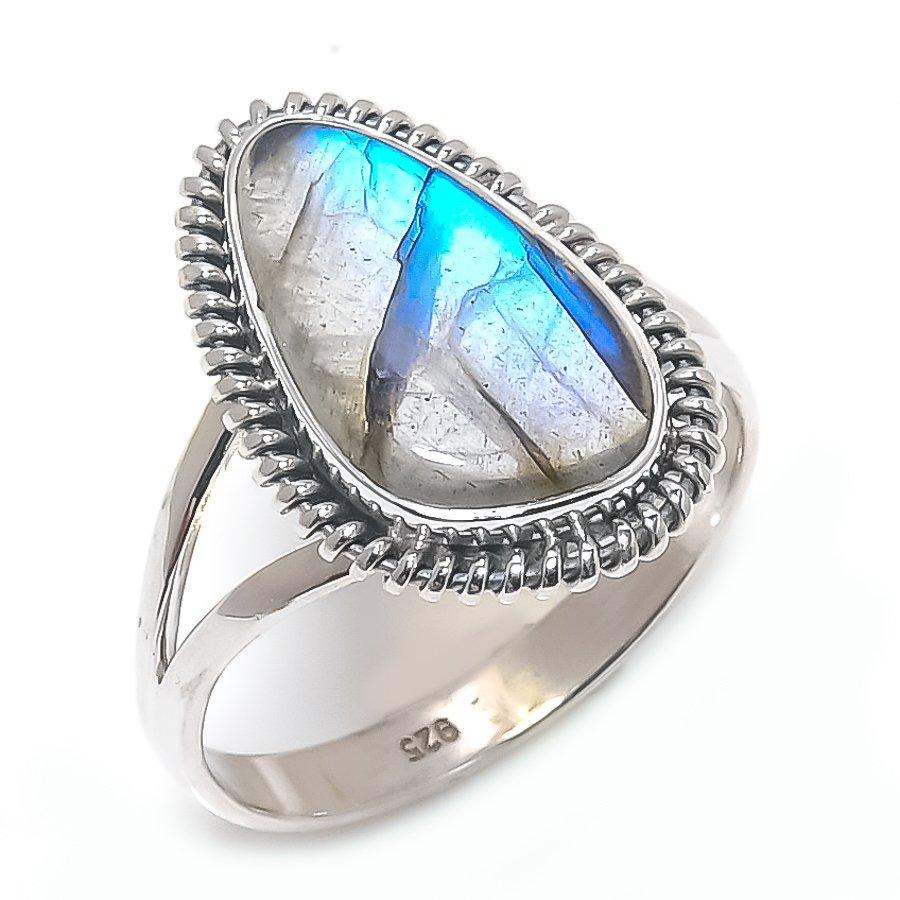 Natural Labradorite Gemstone Handmade 925 Solid Silver Jewelry Ring Size 10 t7D96