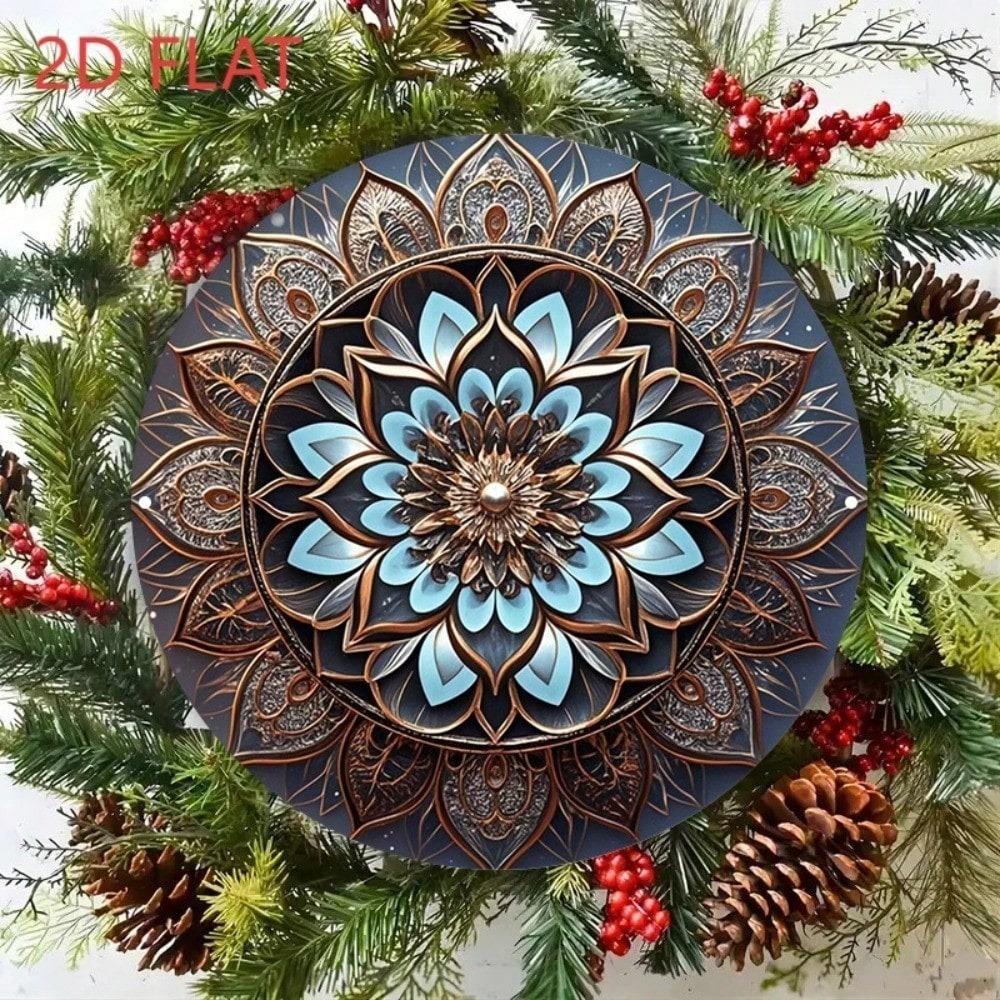 Tyrkysově modrá zlatá mandala kovové nástěnné umění 8x8 palců kulatá boho závěsná bezrámová dekorace do obývacího pokoje