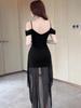 Contrast Color Sequin Spaghetti Strap Slit Evening Gown