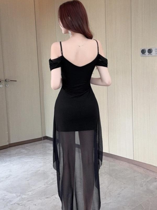Contrast Color Sequin Spaghetti Strap Slit Evening Gown