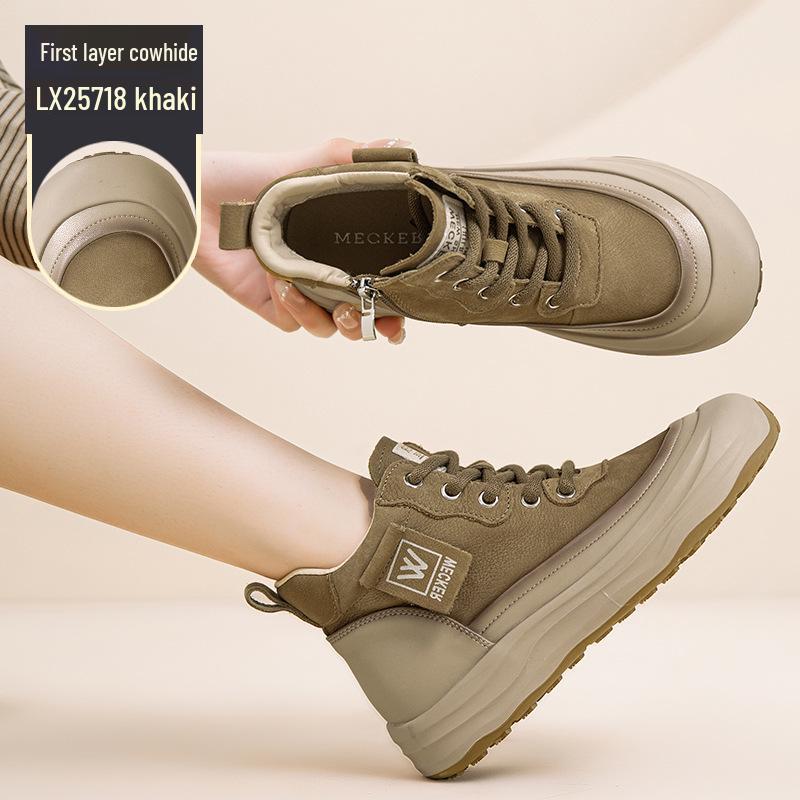 Autumn Women's High-Top Cowhide Sneakers 2025: Thick-Soled, Height-Increasing, Versatile, and Comfortable.