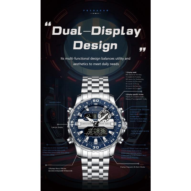 POEDAGAR Electronic Fashion Man Wristwatch Week Date LED Luminous Men Watch Dual Time Display Digital Quartz Watches