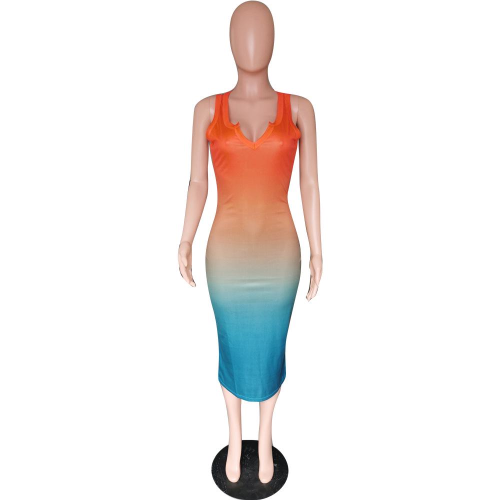 Sexy Gradient V-neck Bodycon Midi Dress - Elegant European & American Style Women's Clothing