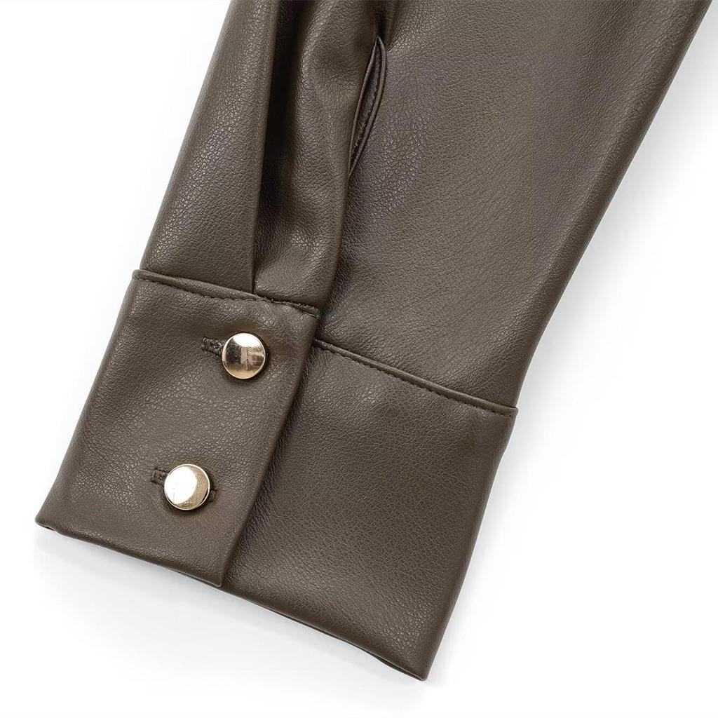 Spring 2025 Women's Slim Fit Faux Leather Belted Long Sleeve Dress