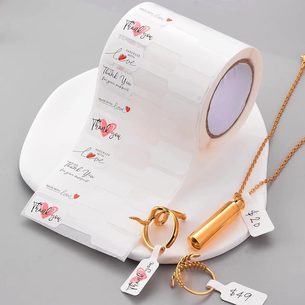 1 Roll Elegant White Self-Adhesive Jewelry Price Tags with "THANK YOU" Message - Glossy Finish, Perfect for DIY Crafts & Handmade Accessories Display
