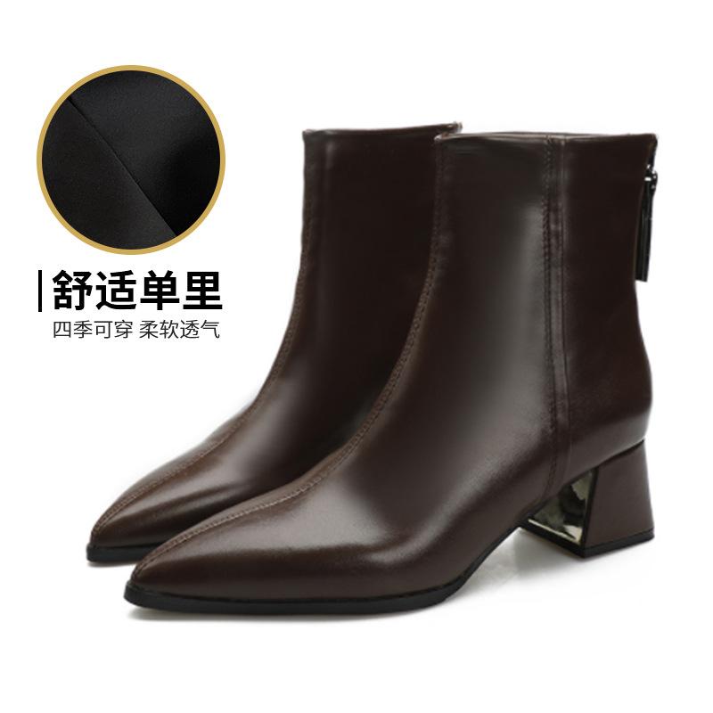 2024 high-heeled short boots for women's autumn and winter new rear zipper thick-heeled women's boots Korean version pointed brown short boots for chi