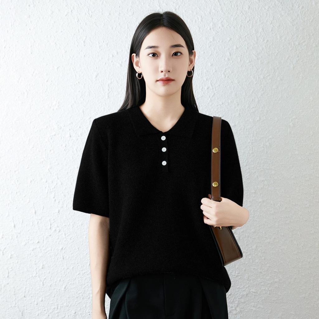 High-Quality Women's Pure Wool Short-Sleeve Lapel Sweater - Autumn/Winter 2025 - Commuting Loose Fit Knitwear Base Layer