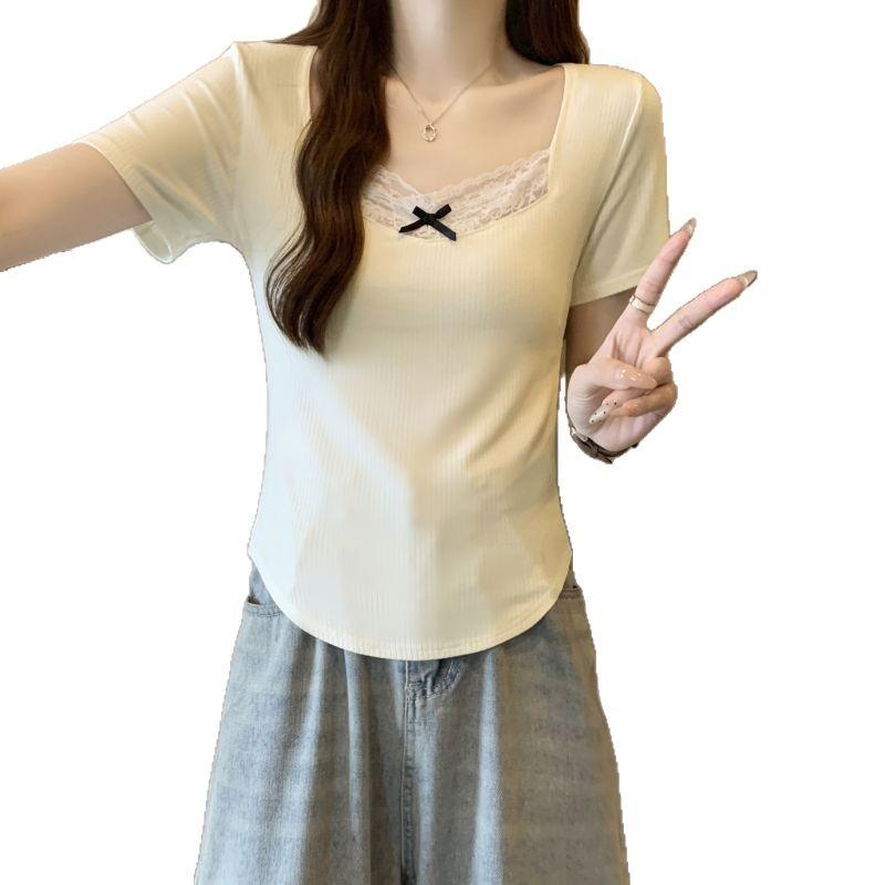 Women's Summer Korean Style Slim Bow Lace Patchwork Short Sleeve T-Shirt
