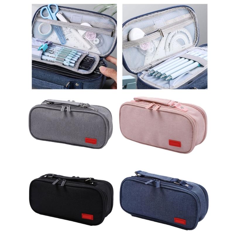 High Capacity Pen Case with Handle 5 Section Canvas Pencil Case Large Pencil Pouches Travel Cosmetic Bag 24x8.5x11cm