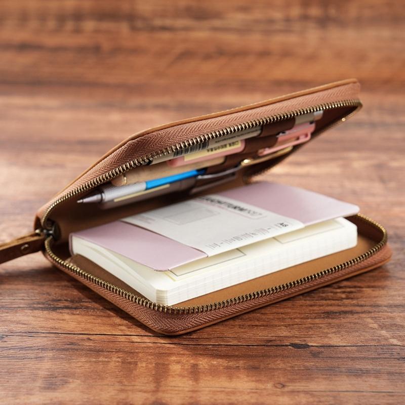 Zippered Leather Notebook Protector with Pen Slot for 3.5x5.5Inch Field Notes Handmade Journal Cover