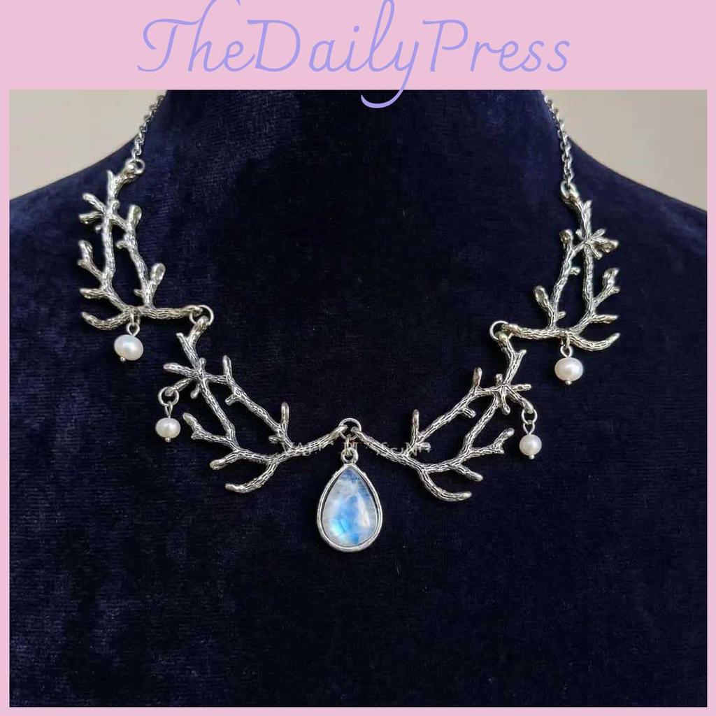Forest Spirit Tree Branch Necklace With Moonstone And Silver Leaf Pendant For Women