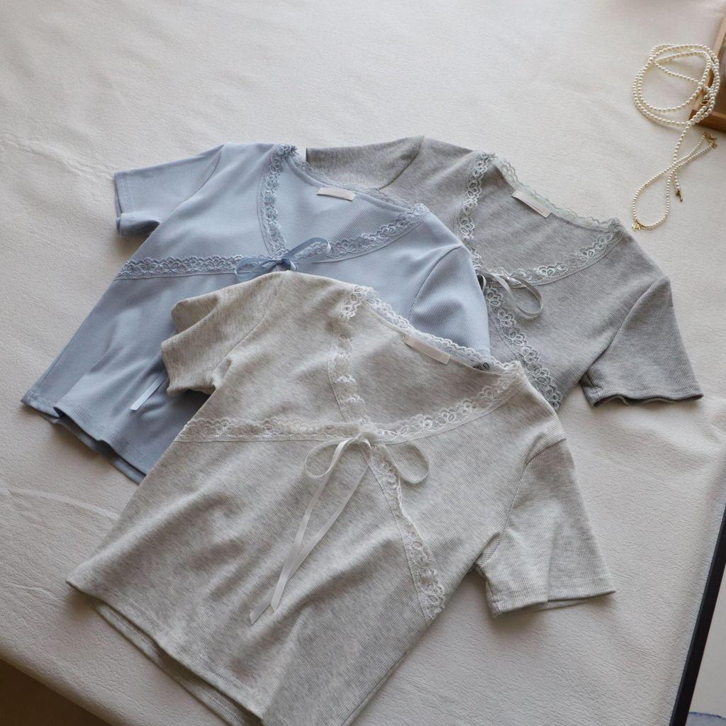 Petite Short-Sleeved Bow Slim-Fit Top - 2025 Korean Style Summer Women's Fashion