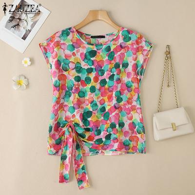 Women Casual Round Neck Short Sleeve Loose Print Blouse