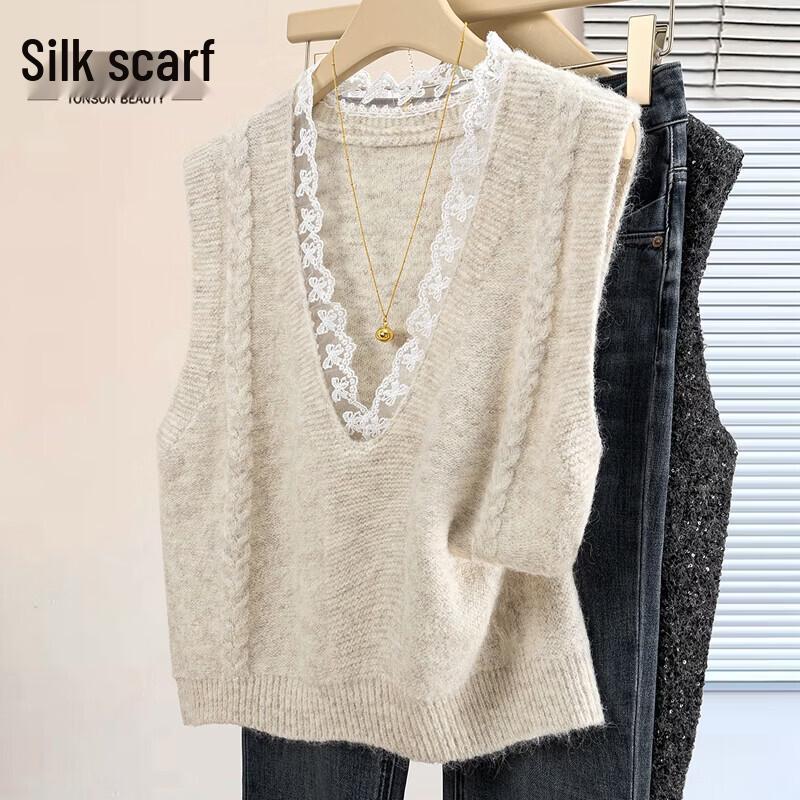 Women s Loose Knit Wool Blend V-Neck Vest with Lace Trim L