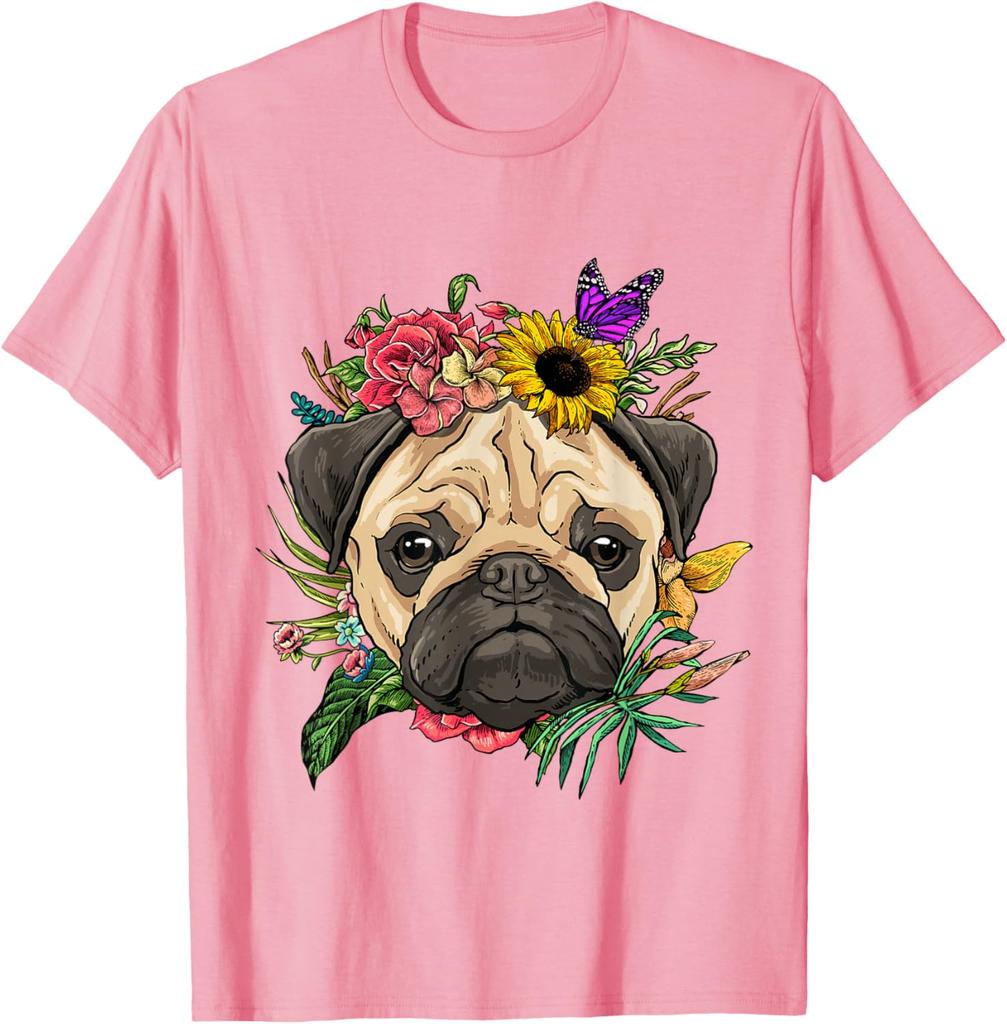 Pug Face Flower Crown Butterfly Graphic Tee Soft Cotton Casual Trip T-Shirt