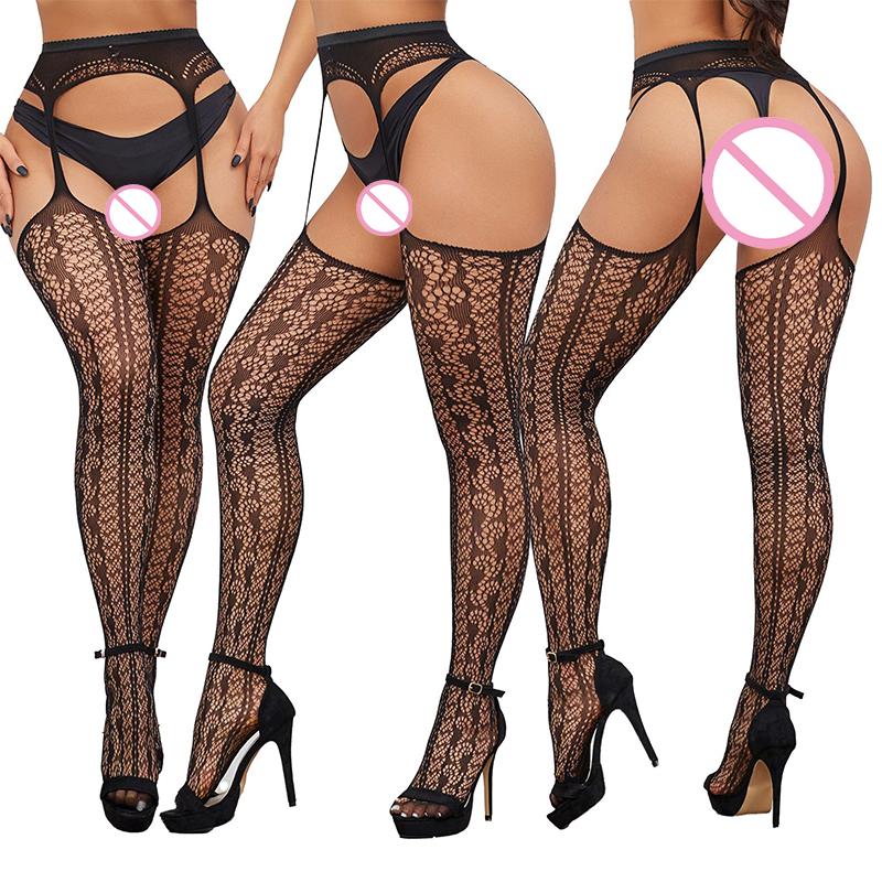 Women Erotic Lingerie Rhinestone Stockings With Belt Set High Fishnet Hosiery Sexy Crotchless Pantyhose Black Mesh Long Stocking