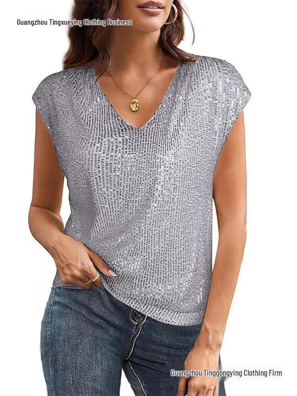 European Cross-border Women's Short Sleeve Sequin V-neck Party Shirt