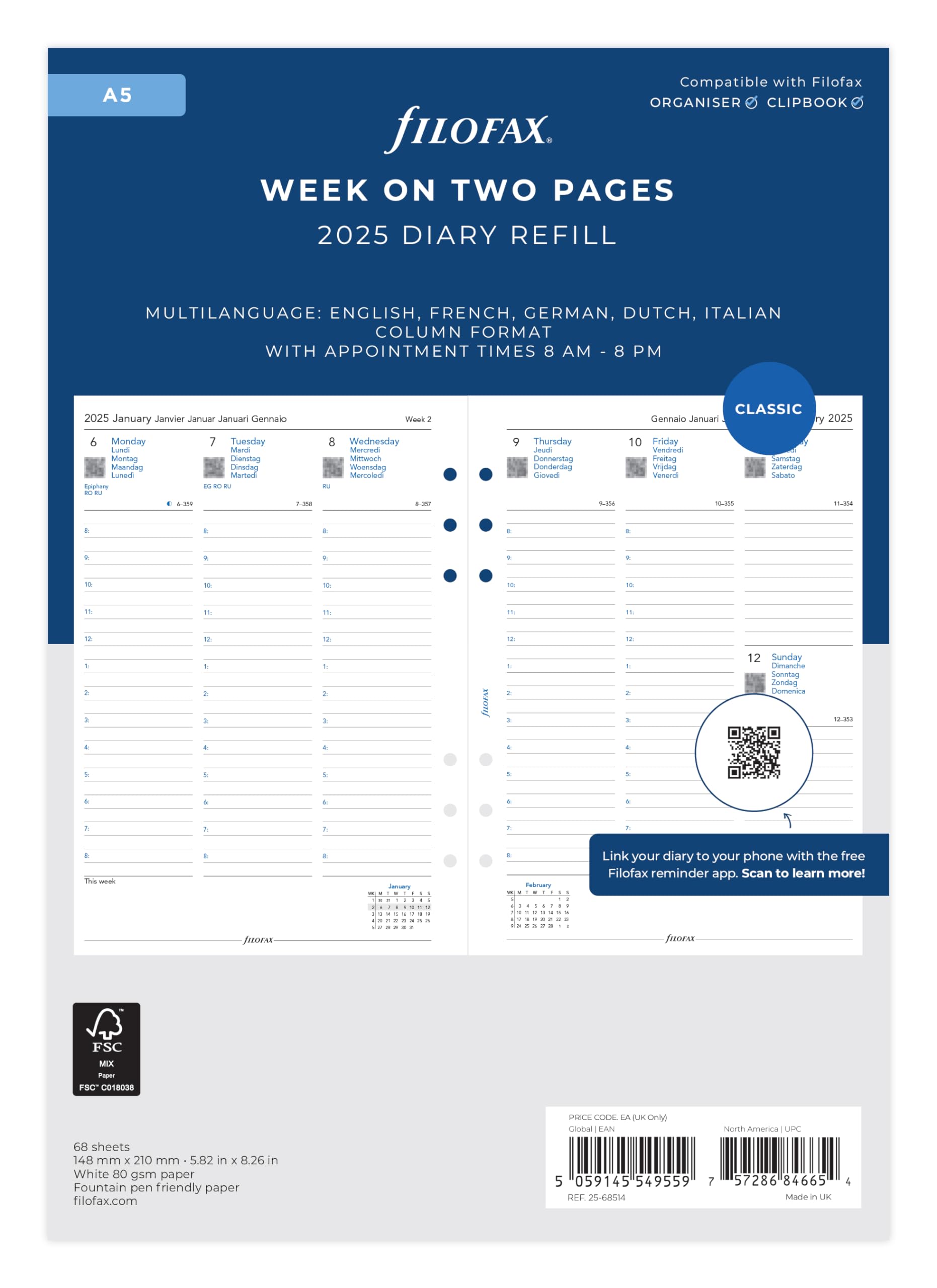 

Filofax 2025 System Planner Refill, A5, Weekly, White, January Start, 25-68514, Officially Imported