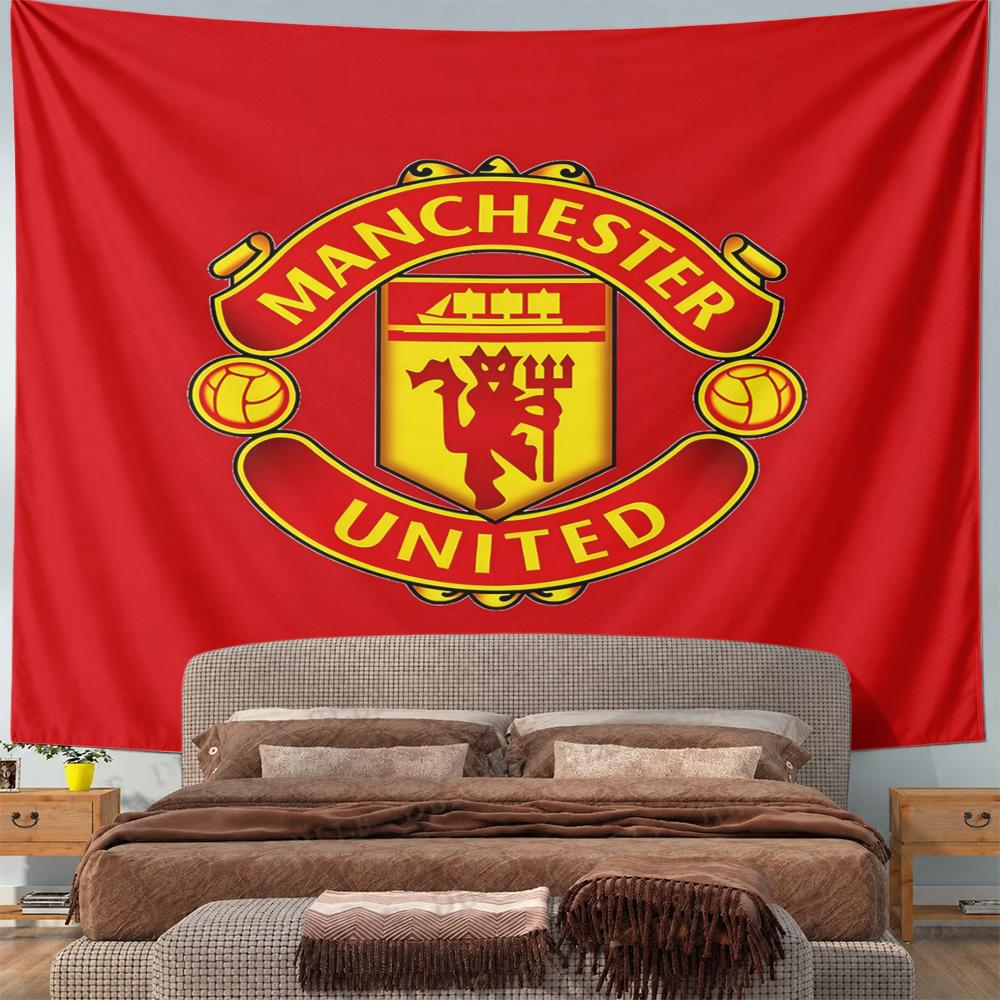 Landscape Wall Tapestry Manchester United Devil Club Crest, Red Gold, Wide Wall Decor for Adult Fan Collector Bar