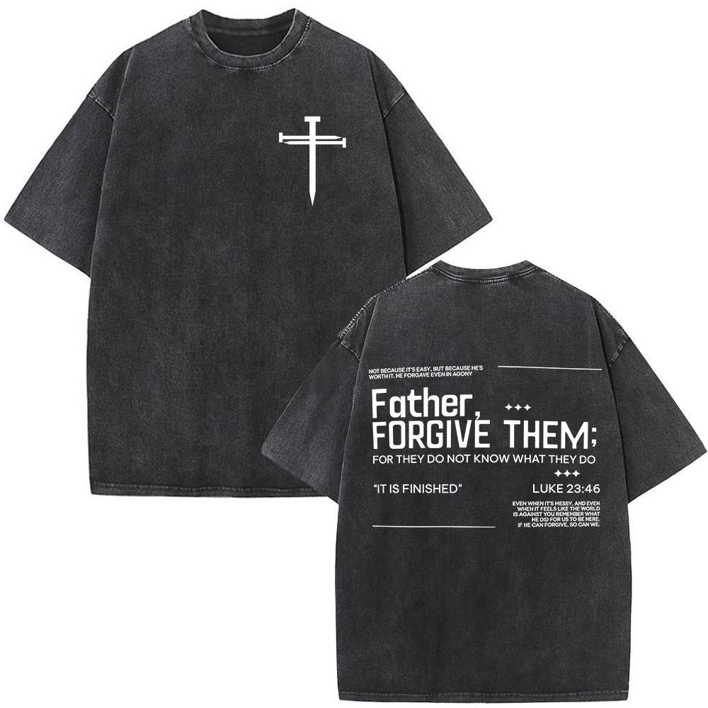 Christian Religious Jesus Forgive Them Father Bible Verse Vintage Acid Washed Tshirt Men Fashion Oversized T Shirts Streetwear