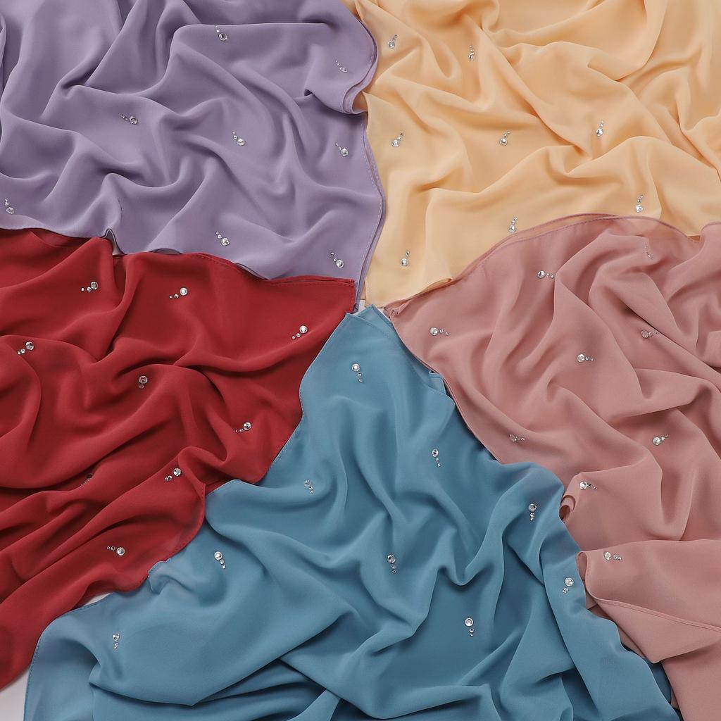 New Arrival Pearl Chiffon Drop-Shaped Rhinestone Square Scarf, High-Quality Hijab for Malaysian Malay Women