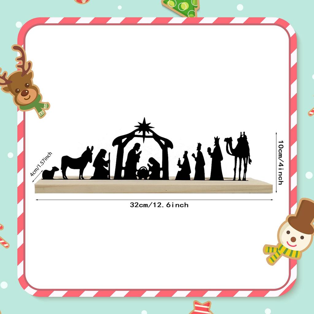 Metal Nativity Set Christmas Scene Silhouette Religious with Wooden Base for Indoor