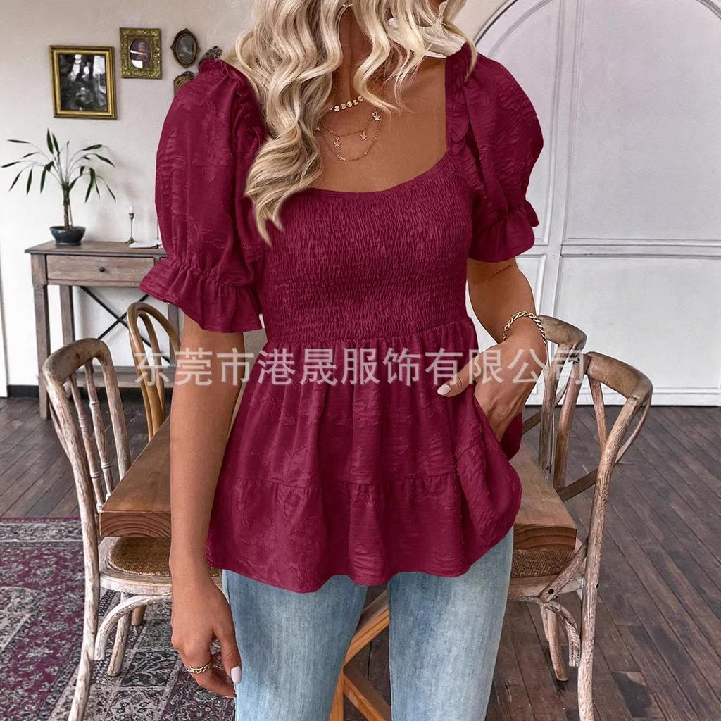 Women's Square Neck Puff Sleeve Blouse with Ruffle Hem in Multiple Colors