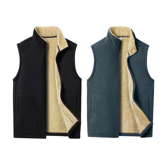 Men Winter Casual Sleeveless Jacket Stand Collar Warm Fleece Lining Waistcoat Pockets Zipper Placket Vest Coat