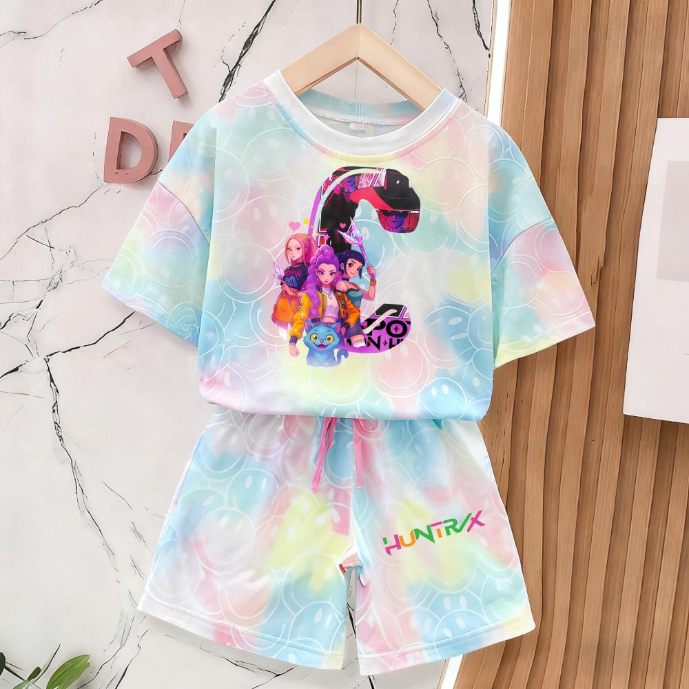 Summer Demon Hunters T-Shirt and Pants Set Girls' Clothing Cute Smiley Face 3D Print Short-Sleeve Set Kids' T-Shirt and Shorts Set
