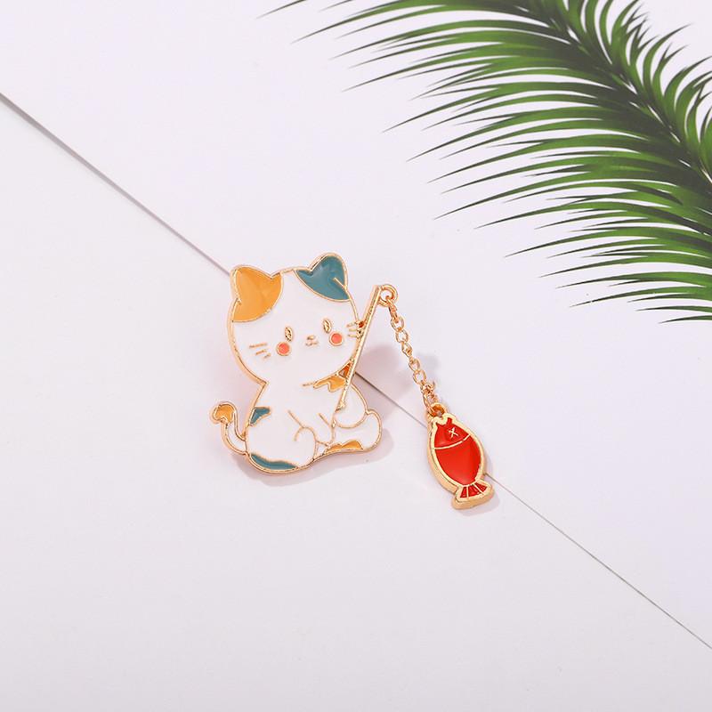 Cat Cartoon Fishing Style Metal Badge Accessory Sweater Jacket Decoration Brooch