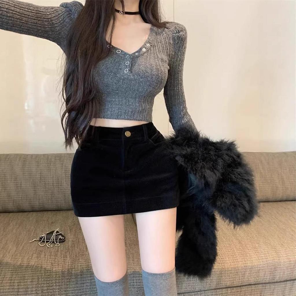 Women's High Waist Black Velvet Mini Skirt - Autumn/Winter 2026 Bodycon A-line Hip Wrap Style