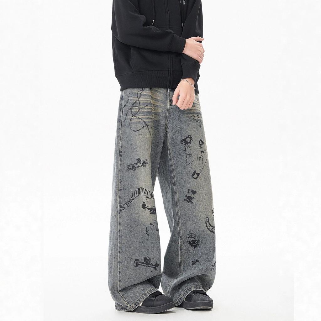 American washed old straight jeans boys summer new trendy brand loose casual graffiti wide leg trousers