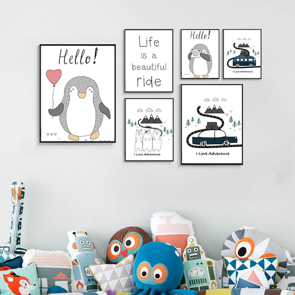 Cartoon Animal Canvas Painting Penguin Polar Bear Poster and Print Child Kids Bedroom Nursery Wall Decor Painting No Frame